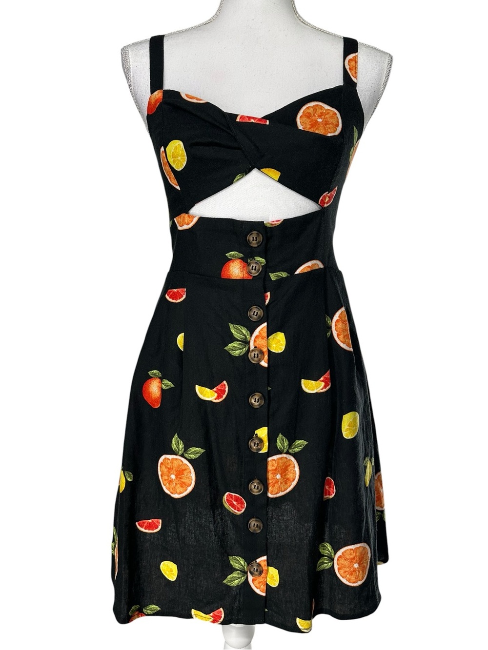 FOREVER 21 / Black Dress with Fruit Print / Linen Blend / Medium / New with Tags